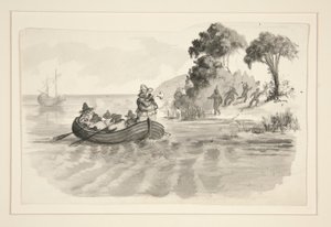 Mænd i robåd, der flygter fra indianere på land - uidentificeret illustration (Columbus opdager den nye verden?) - opdagelsesrejsende lander i den nye verden af Edwin Austin Abbey