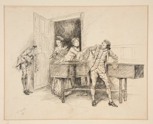 Nan og klaver, illustration for Oliver Goldsmith af Edwin Austin Abbey