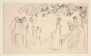 Mennesker i middelalderdragt udenfor - uidentificeret illustration af Edwin Austin Abbey