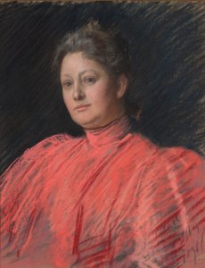 Portræt af Mrs. Abbey i lyserød kjole, taljelængde af Edwin Austin Abbey
