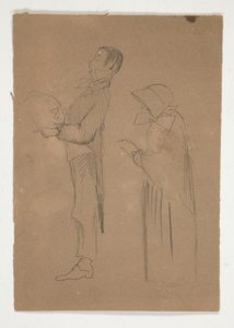 Profilstudier af mand og gammel kvinde (recto); Tre skitser af hoveder og uidentificeret skitse (verso) af Edwin Austin Abbey