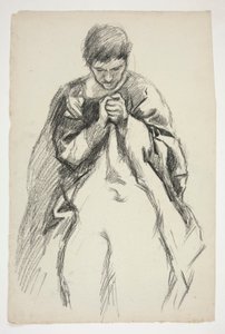 Klædt skikkelse, der beder: Studium til vægmaleriserien The Quest of the Holy Grail på Boston Public Library af Edwin Austin Abbey