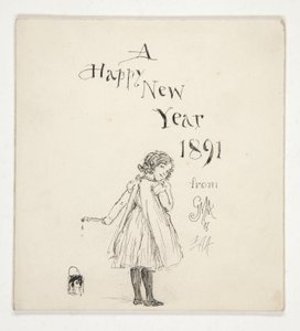Skitse til et lykønskningskort: Et godt nytår 1891 fra M.G.A. og E.A.A. af Edwin Austin Abbey