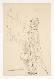 Skitse til et lykønskningskort: Godt nytår; undersøgelse af en mand, der læser et skilt af Edwin Austin Abbey