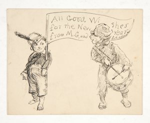 Skitse til et lykønskningskort: Alle gode ønsker til det nye år fra M.G. og E.A. Abbey af Edwin Austin Abbey