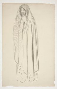 Skitse af en kappebeklædt kvindefigur for Three Marys at the Cross af Edwin Austin Abbey