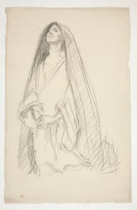Skitse af en kappebeklædt kvindeskikkelse i bøn for Tre Maria ved korset af Edwin Austin Abbey