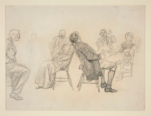 Skitse af et par, der spiller et spil, omgivet af tilskuere, i et interiør (?) - uidentificeret illustration af Edwin Austin Abbey