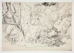 Skitse af et landskab med træ, hegn og kvindefigur af Edwin Austin Abbey