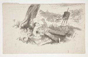 Skitse af en friluftsmaler, der tager en lur under et træ - uidentificeret illustration af Edwin Austin Abbey