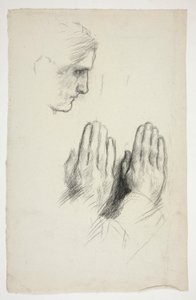 Skitse af en ung mand i profil; skitse af to sæt hænder i bøn af Edwin Austin Abbey