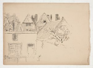 Skitse af et ydre: bygninger og træ af Edwin Austin Abbey
