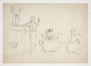 Skitse af et interiør: mand læser højt, kvinder strikker - uidentificeret illustration af Edwin Austin Abbey