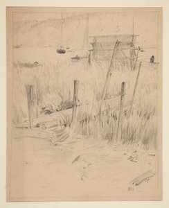 Skitse af en gammel dok, med ukrudt, der vokser op omkring den af Edwin Austin Abbey