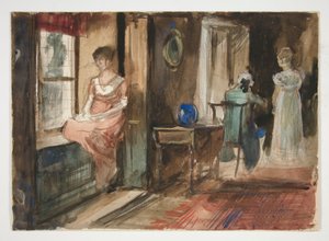 Skitse af figurer i et interiør af Edwin Austin Abbey
