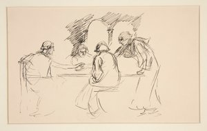 Skitse af fire mænd i middelalderdragt ved et bord - uidentificeret illustration, evt af Edwin Austin Abbey