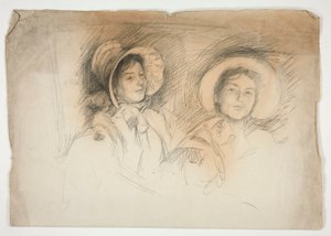 Skitse af to unge kvinder i hætter (uidentificerede siddere) af Edwin Austin Abbey