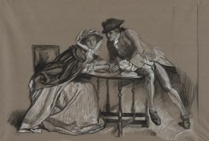 Undersøgelse. Lady og Gentleman i samtale hen over et bord af Edwin Austin Abbey