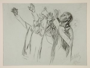 Studie til The Arthurian Round Table og fabelen om Seat Perilous, fra The Quest of the Holy Grail (tredje af en serie på femten malerier til Boston Public Library, færdiggjort i 1901) af Edwin Austin Abbey