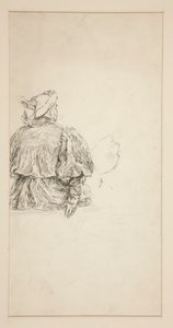 Studie af bagsiden af en siddende mand i kostume fra det 15. århundrede til en Shakespeare-scene. af Edwin Austin Abbey