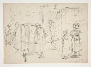 Undersøgelse af gadebilledet med sedanstol. af Edwin Austin Abbey