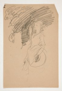 Studie af kvinde i kostume fra det 18. århundrede, der holder sin hat af Edwin Austin Abbey