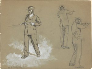 Tre skitser af en mand med en pistol (recto); Figurstudier og portræt af A. S. Wina (?) (verso) af Edwin Austin Abbey