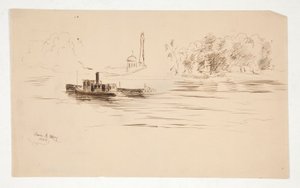 Slæbebåd skubber pram på floden af Edwin Austin Abbey