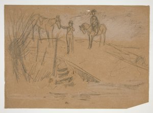 To mænd og to heste i et landskab - uidentificeret illustration af Edwin Austin Abbey
