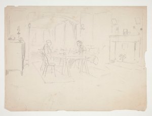 To mænd ved bordet i et interiør af Edwin Austin Abbey