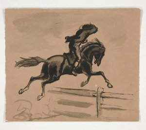 Uidentificeret illustration af en rytter, der hopper over et hegn (recto); Figurstudie af en gammel mand (verso) af Edwin Austin Abbey