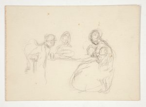Uidentificeret illustration - Studie af figurer ved et bord. Siddende mand på baksiden. af Edwin Austin Abbey