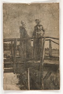 Unavngivet træstik af E.A. Kloster (?) af to damer på en gangbro i træ - illustration til William Black af Edwin Austin Abbey