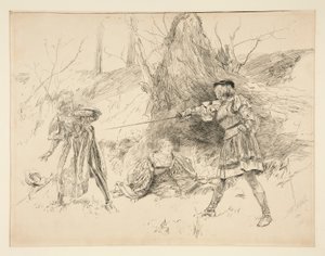 Valentine redder Sylvia, fra akt V, Scene iv, Two Gentlemen of Verona af Edwin Austin Abbey