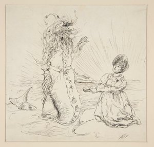 Kvinde og slange på stranden, skitse til The Lay of the Lobster af Edwin Austin Abbey