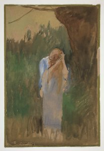 Kvinde i landskab, reder sit lange, blonde hår - (uidentificeret illustration) af Edwin Austin Abbey