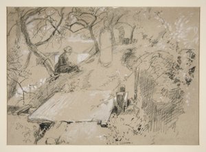 Kvinde siddende på bænk i en have eller offentlig park - uidentificeret illustration af Edwin Austin Abbey
