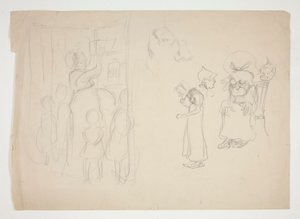 Kvinde med børn og tegneserie - Uidentificeret illustration af Edwin Austin Abbey