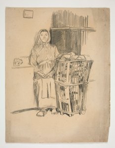 Kvinde med vasketøjskurv(?) - uidentificeret illustration af Edwin Austin Abbey