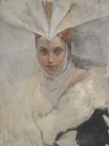 Kvinde med fiskeørnehovedbeklædning og hvid pelskrave, 1897 af Edwin Austin Abbey