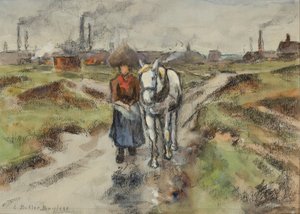 Leading the Barge Pony (akvarel med pastel på papir)