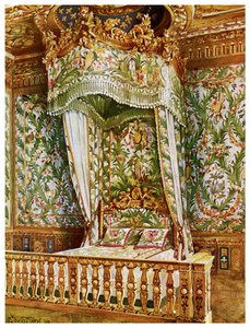 Forgyldt statsseng af Marie Antoinette, Queens Bedroom, Palace of Fontainebleau, Frankrig, 1911-1912.