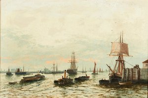 Pramme på Themsen (olie på lærred) af Edwin Henry Eugene Fletcher