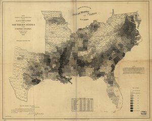 Kort, der viser fordelingen af slavebefolkningen i de sydlige stater i USA, udarbejdet fra folketællingen i 1860 af Edwin Hergesheimer