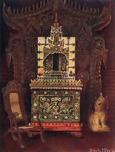 Asiatiske møbler fra samlingen af Lord Curzon fra Kedleston, G.C.S.I., D.C.L. osv. Burmesisk udskåret og forgyldt døråbning fra Mandalay. Buddhistisk manuskriptæske (Poongyi) og helligdom (Sadaik) af træ E