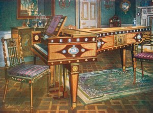 Dekorative møbler fra slutningen af det attende århundrede. Satinwood og Mahogni indlagt Pianoforte, med Wedgwood Plaques, Ormolu Mounts, Panel and Stars, præsenteret af Manuel Godoy til dronningen af Spanien i 1796.