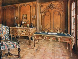 Rum med paneler: Fransk - Regensens stil. Udskåret Eg Stol. Ormolu-monteret mahogni skrivebord. Ormolu-monteret bombekommode af Charles Cressent