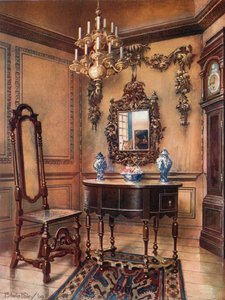 Paneler, med Grinling Gibbon udskæringer. Spejlramme, valnødbord, William og Mary. Walnut Chair, Charles Wesley