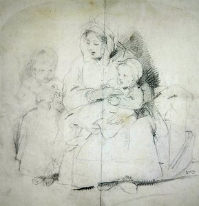En mor med to børn (blyant på papir) af Edwin Landseer