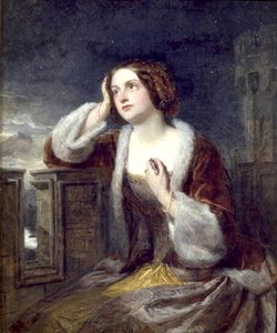 Catherine Seyton kigger fra slagmarkerne ved Loch Leven, ca. 1840 (olie på lærred) af Edwin Landseer